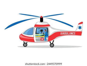 A professional team of paramedics delivers a patient by helicopter to the hospital. Ambulance, emergency medical care. Thanks to the doctors and nurses. Urgent hospitalization. Vector illustration.