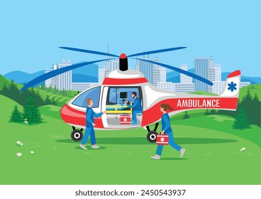 Ein professionelles Sanitäterteam bringt einen Patienten per Hubschrauber ins Krankenhaus. Krankenwagen, medizinische Notfallversorgung. Danke an die Ärzte und Krankenschwestern. Dringende Hospitalisierung. Vektorillustration.