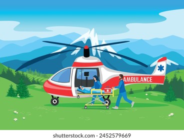 A professional team of paramedics delivers a patient by helicopter to the hospital. Ambulance, emergency medical care. Thanks to the doctors and nurses. Urgent hospitalization. Vector illustration.