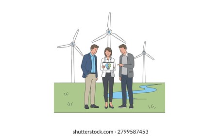 Professional team reviewing a tablet screen while standing in a green field with wind turbines for renewable energy development and environmental sustainability planning.