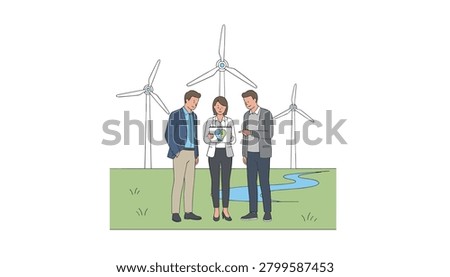 Professional team reviewing a tablet screen while standing in a green field with wind turbines for renewable energy development and environmental sustainability planning.