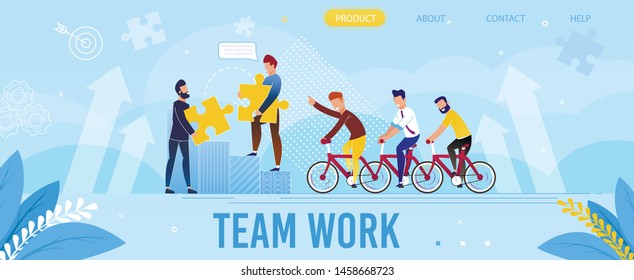 Professional Team Work Flat Metaphor Landing Page. Cartoon Male Coworkers Riding Bicycle. Men Partners Connect Puzzle Pieces to Solve Business Brain-Teaser. Vector Flat Success Growth Illustration