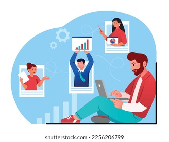 Professional team working. Man with laptop against background of colleagues with graphs and charts. Video call and conference. Employees working on common project. Cartoon flat vector illustration