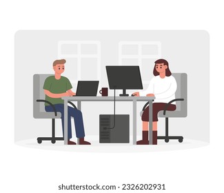 Professional team working on computers in office. Increasing productivity and efficiency in business using teamwork ideas. Colleagues discussion new project. Vector flat illustration in gray colors