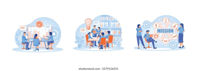 Professional team working together on a project. Brainstorm startup ideas. Mission goals, cooperation, and strategic thinking. Business Development concept. Set flat vector illustration.