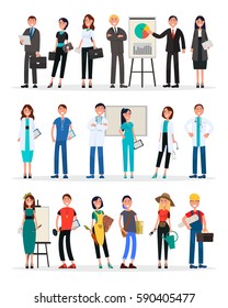 Professional teams set of doctors, business people and creative designer workers isolated on white background. Vector illustration of different qualification staff with instruments for work