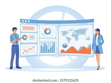 Professional teamwork, analysis, and presentation. Two business professionals discussing analytics and data visualization on a digital interface. Business Analysis Instruments concept. 