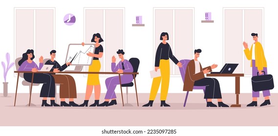 Professional teamwork. Busy employees working at office. Colleague sitting at desk and having brainstorming or discussion. Woman giving presentation, man working at laptop vector illustration