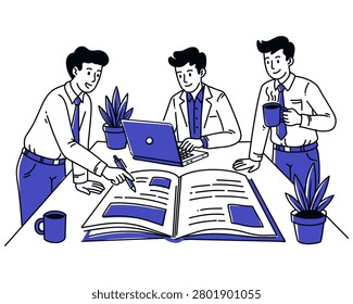 Professional teamwork and collaboration in a modern workspace, depicted in a dynamic business office flat illustration style