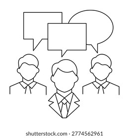 Professional teamwork icon featuring three business people silhouettes with speech bubbles above their heads. Symbolizes group discussion, collective feedback, social media engagement, public opinion, customer reviews, and effective internal communication within a business organization.Editable stroke, Vector illustration, Line art Icon, Symbols.