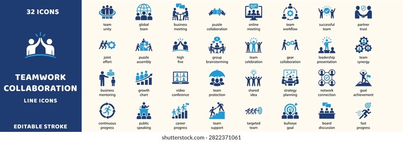 Professional teamwork icon set in solid style featuring business collaboration, co worker communication, leadership, partnership, workflow, webinar, conference, brainstorming, mentoring, agreement, planning, organization, presentation, cooperation, assistance, share ideas, teamwork strategy, and corporate management symbols. Perfect for office projects, business presentations, HR systems, remote work platforms, startup teams, collaboration tools, and productivity applications. High quality vector icons designed for modern business and organizational concepts.