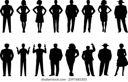 Professional Teamwork, Silhouette Illustrations of Confident Business People in Office and Community Settings. Vector illustration 