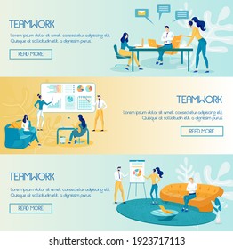 Conjunto de plantillas de banners Web de trabajo en equipo profesional. Interfaz de sitio web de Team Research. Diseño de la página principal de presentación del plan de informes. Página de inicio de análisis de estrategia de trabajo, concepto de caricatura de páginas web