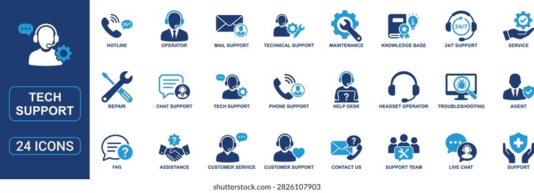 Professional tech support and customer service solid icon set featuring help desk, technical assistance, hotline, live chat, maintenance, troubleshooting, call center agents, customer care, knowledge base, repair, and contact support symbols. Ideal for SaaS platforms, IT services, websites, mobile apps, CRM systems, and business dashboards.