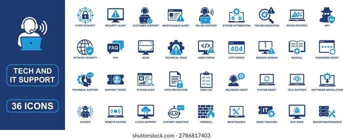 Professional tech and IT support icon set designed for cybersecurity, troubleshooting, cloud systems, and technical assistance projects. Includes remote access, system optimization, customer support, firewall, maintenance alert, issue tracking, network security, software installation, helpdesk, technical support, and cloud support symbols in a clean solid vector style. Perfect for SaaS platforms, hosting services, dashboards, apps, and technology websites.