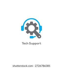 Professional tech support logo icon with blue headset and grey gear wrench for technical customer assistance and maintenance service.
