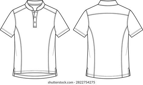 A professional technical drawing of a short-sleeved polo shirt featuring a mandarin collar and side panels. This vector flat sketch is ideal for fashion design, apparel manufacturing, and tech pack development.
