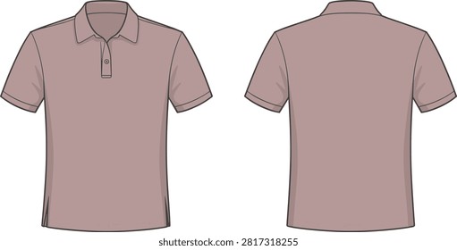 Professional technical drawing of a stylish brownish mauve polo shirt, displaying both front and reverse sides, perfect for fashion projects.