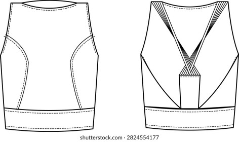Professional technical fashion flat sketch of a women's sports bra featuring front and back views with criss cross back straps, contour panel construction, and a wide elastic underband. Ideal for activewear design, garment development, production specifications, fashion presentations, and vector illustration projects.