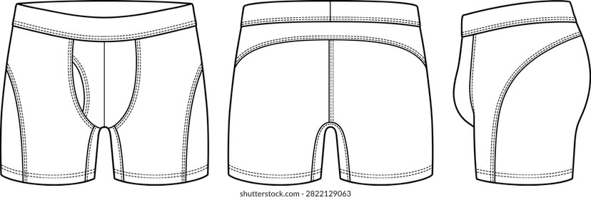 Professional technical flat sketch of men's boxer briefs displayed in front, back, and side views with ergonomic panel construction, contoured pouch, and elastic waistband. Ideal for underwear design, apparel manufacturing, tech packs, garment development, and fashion presentations.