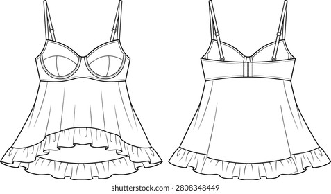 Professional technical flat sketch of a women's babydoll cami top featuring adjustable shoulder straps and front and back views. Ideal for fashion design, apparel tech packs, garment manufacturing, lingerie collections, and clothing development.