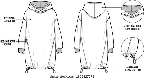 Professional technical flat sketch of a women's oversized cocoon hoodie dress shown in front and back views featuring a sculptural hood, dropped shoulders, hidden inseam pockets, rib knit cuffs, adjustable drawstring hem, and a relaxed cocoon silhouette. Ideal for fashion design, apparel manufacturing, tech packs, garment development, and commercial casualwear presentations.