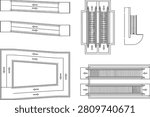 Professional technical line art drawings of escalators and moving walkways in architectural plan view with directional indicators. Ideal for architects and designers creating detailed floor plans for shopping malls, airports, transit hubs, and large commercial buildings.