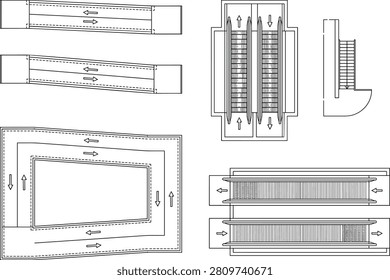 Professional technical line art drawings of escalators and moving walkways in architectural plan view with directional indicators. Ideal for architects and designers creating detailed floor plans for shopping malls, airports, transit hubs, and large commercial buildings.