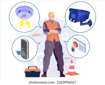 Professional technician concept for security system installation and repair. technician illustration for CCTV, fire alarm, access control, and home surveillance