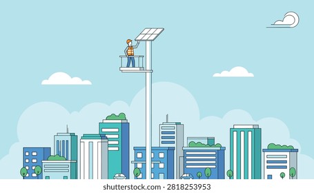 Professional technician installing or repairing a solar panel on a tall street pole over a modern city skyline.