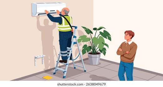 Professional technician standing on ladder while installing or repairing a wall-mounted air conditioner unit in a modern home interior