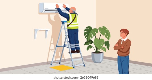 Professional technician standing on ladder while installing or repairing a wall-mounted air conditioner unit in a modern home interior