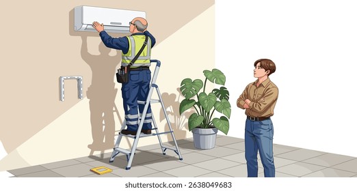 Professional technician standing on ladder while installing or repairing a wall-mounted air conditioner unit in a modern home interior