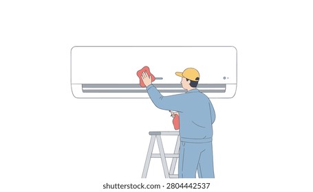 Professional technician standing on a stepladder uses a cloth to clean a white wall-mounted air conditioning unit for maintenance purposes.