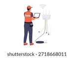 A professional technician using a laptop to set up a wireless router and manage complex fiber optic cabling for high-speed internet