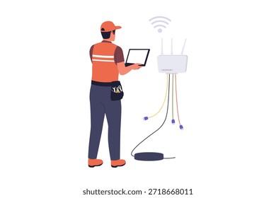 Un técnico profesional que utiliza una computadora portátil para configurar un enrutador inalámbrico y administrar el cableado complejo de fibra óptica para Internet de alta velocidad