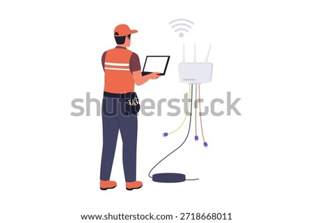 A professional technician using a laptop to set up a wireless router and manage complex fiber optic cabling for high-speed internet