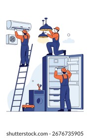 Técnicos profissionais que instalam, reparam e fazem a manutenção de eletrodomésticos