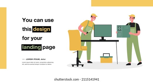 Professional technicians repairing computer in office. Men in uniform with repair tools flat vector illustration. Technology, computer service concept for banner, website design or landing web page