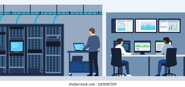 Professional technicians working in the data center and checking servers