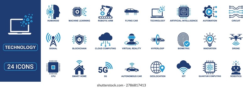 Professional technology icon set in solid style featuring artificial intelligence, robotics, 5G network, IoT, biometric security, cloud computing, automation, blockchain, virtual reality, geolocation, quantum computing, machine learning, autonomous vehicles, smart home systems, drone technology, and futuristic digital innovation symbols. Perfect for mobile apps, websites, startup branding, software dashboards, smart technology projects, and modern digital transformation concepts. High quality vector illustration icons designed for advanced technology and innovation themes.