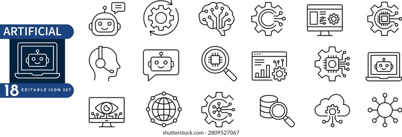 Professional technology outline icon collection featuring concepts related to artificial intelligence, automation, digital infrastructure, cloud computing, data analysis, virtual assistance, network connectivity, smart systems, and modern computing. This clean line vector icon set is ideal for user interfaces, web design, software platforms, technology presentations, business reports, mobile applications, infographics, and digital transformation projects. Designed with a consistent outline style, these scalable icons provide a modern and versatile visual solution for commercial and creative applications.#ArtificialIntelligence #TechnologyIcons #Automation #CloudComputing #DataAnalytics #DigitalTechnology #NetworkSystems #SmartTechnology #OutlineIcons #VectorDesign #DigitalInnovation #TechGraphics #UserInterface #ModernDesign #CommercialVector