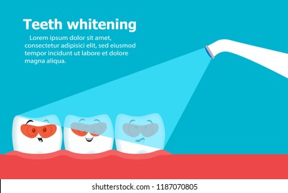 Professional teeth whitening with ultraviolet lamp. Cosmetic dental care procedure. Comic dental characters. Teeth in protective goggles. Stomatology assistance and oral hygiene