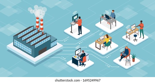 Professional teleworkers connecting with their company industrial production site and working together online, telecommuting and networks concept