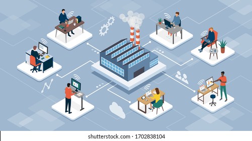 Professional teleworkers connecting with their company industrial production site and working together online, telecommuting and networks concept