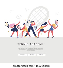 Professional tennis academy landing web page template. Sport practicing, competitive game webpage interface. Training classes website design layout. Active lifestyle, recreation web banner concept