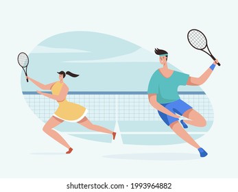 Professional Tennis Player In Action Doing Smash Shot In Tennis Tournament. Tennis Player Practice For Competition Event. Sports Athletes Vector Illustration