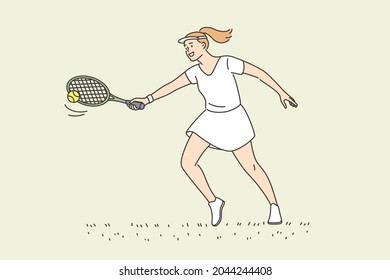 Professional tennis player and active lifestyle concept. Young smiling woman athlete sportsman cartoon character holding racket playing tennis having active lifestyle vector illustration 