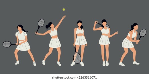 A professional tennis player. Cartoon young woman sportive characters in uniform play tennis, players holding rackets and hitting ball collection. Workout playing tennis vector illustration set.