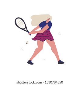 Professional tennis player flat hand drawn illustration. Sportsman hitting forehand volley cartoon character. Athletic woman in sportswear. Healthy lifestyle concept. T shirt print design